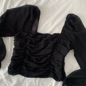 Dynamite Size M Black Long Sleeve Blouse, Sheer Sleeves, Ruched Material Front